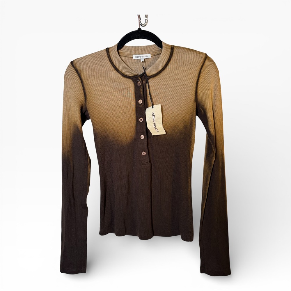 Cotton Citizen Verona Ombre Ribbed Henley Long Sleeve Top Brown Tan XS NWT
